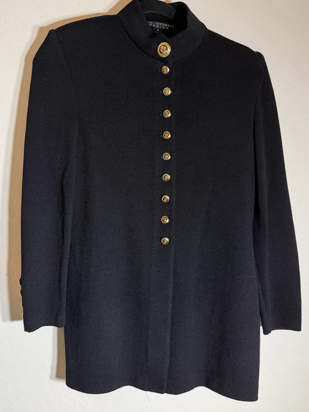 St. John Basics Black Mock Neck Gold Crest Button Long Jacket Size 4